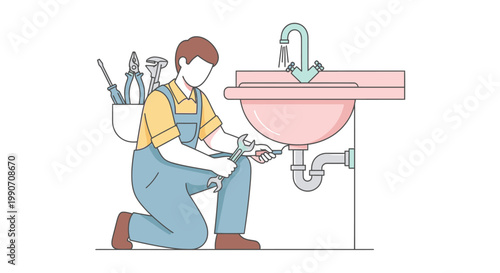 Plumber fixing a sink with tools, line art illustration.