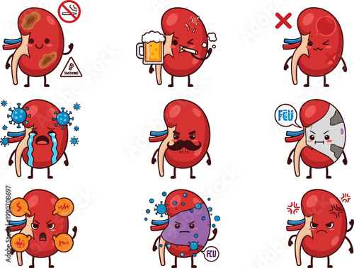 Sick kidney symptoms cartoon vector set showing renal disease, infection, fever, pain, stones, smoking and alcohol warning, healthcare illustration