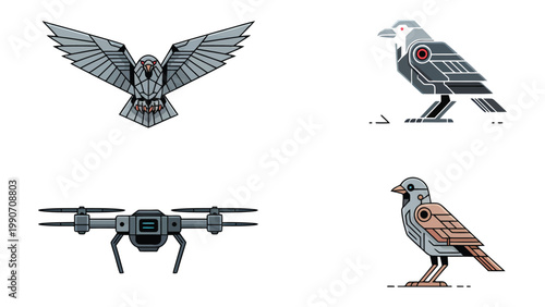Robotic Birds and Drone: A conceptual representation of technological integration with the animal kingdom, presenting illustrations of robotic birds and a drone.