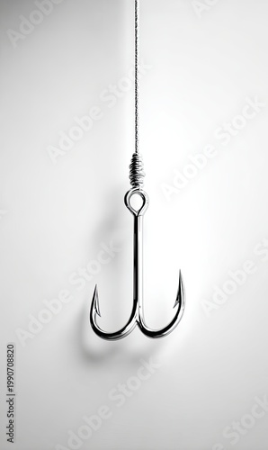 Close-up of a sharp, shiny metal fishing lure with three barbs, suspended on a thin line