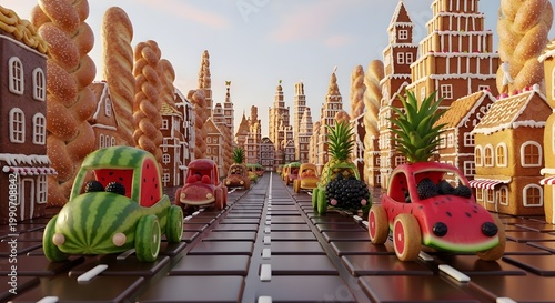 Whimsical Fantasy City Made of Gingerbread Houses and Fruit Cars