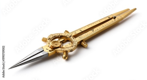 Intricate brass drafting compass with finely pointed legs on a white background