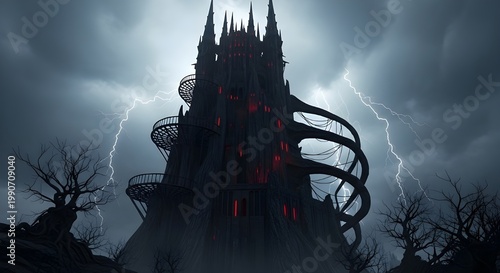 Dark Gothic Fantasy Fortress with Glowing Red Windows and Lightning in Stormy Sky