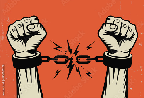 Human hands with clenched fists are breaking steel chains in an impactful image of emancipation