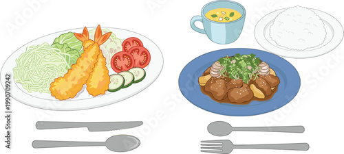Japanese food set including curry rice tempura salad miso soup and side dishes isolated on white background detailed vector illustration