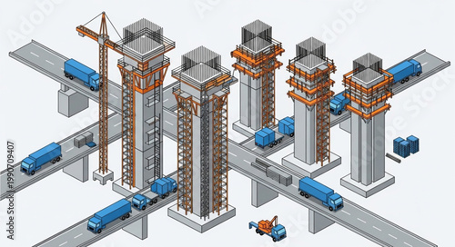 Construction Site with Multiple Concrete Pillars and Steel Reinforcements.