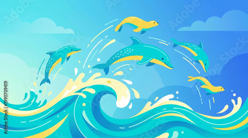 Cartoon illustration of dolphins jumping in the ocean