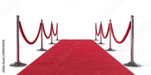 A red carpet with velvet ropes and stanchions against a white backdrop, perspective shot