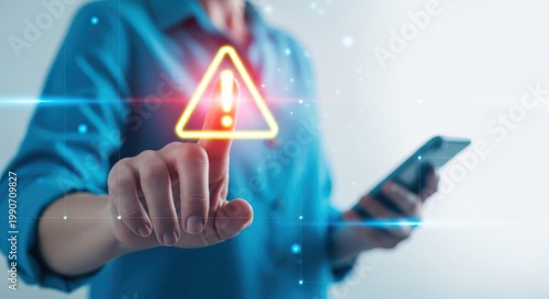Finger touching phone screen with warning sign hologram smartphone hologram notification