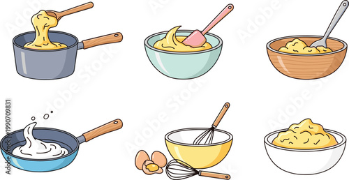 Cooking batter preparation vector set with saucepan, frying pan, bowls, spatula and whisk, mixing eggs and dough for baking recipes