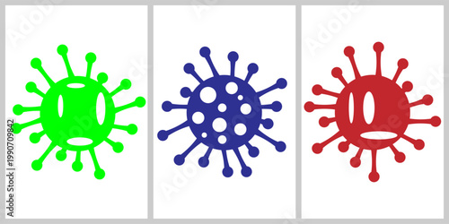 Microscopic view of three colorful viruses resembling a germ or bacteria, representing health and illness concepts