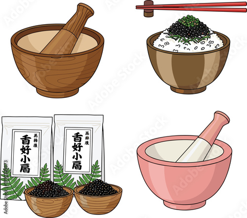 Japanese tea ceremony matcha preparation vector set with mortar and pestle, tea bowl with whisked powder, packages, and chopsticks