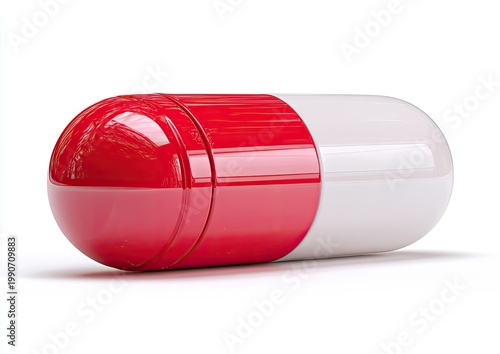 Single red and white gelatin capsule on a white background