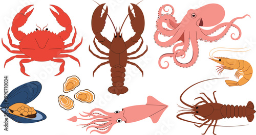 Seafood cartoon vector set with crab, lobster, octopus, shrimp, mussels, squid and calamari, marine animals for restaurant menu designs