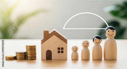 Wooden family figures house stacked coins representing family finances with financial, planning
