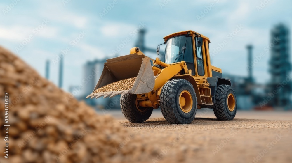 Fototapeta premium Heavy Machinery at Construction Site with Detailed Close-Up of Loader Handling Gravel and Earth Materials Under Clear Sky