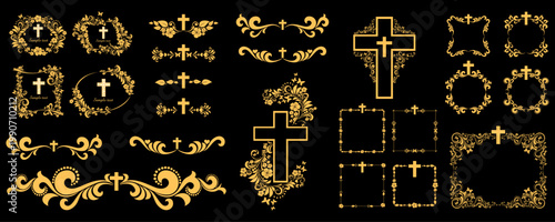 Cross icons set. Obituary notice - art deco frames with cross. Collection of gold Christian Symbol design elements isolated on black background. Church and pray, religion and resurrection. Vector
