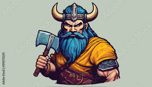 Fierce Viking Warrior with Axe and Horned Helmet Illustration.