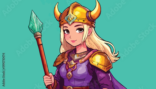 Illustration of a blonde female warrior with golden helmet.