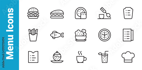 Restaurant food menu icon set line art collection with fast food drinks and appetizers for cafe website design.