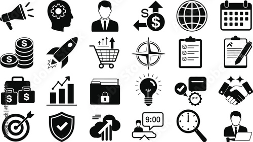 Comprehensive set of business and marketing icons featuring financial growth strategy startup rocket and corporate management symbols for professional web design
