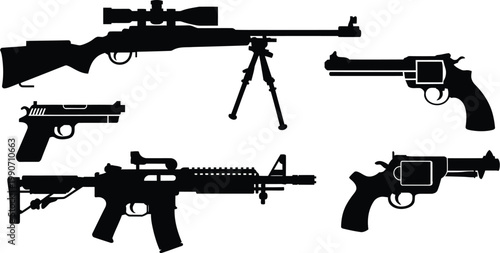 Set of various weapon silhouettes featuring long range rifle automatic carbine and classic pistols for defense security and shooting sport designs.