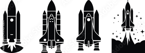 Collection of space shuttle and rocket launch icons in flat black vector style featuring various spacecraft designs for aerospace technology concepts.