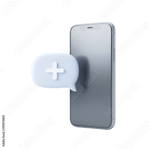 3D rendering of a smartphone with a chat bubble featuring a plus sign, signifying new message or notification