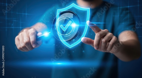 Person interacting with glowing digital security shield with checkmark security protection