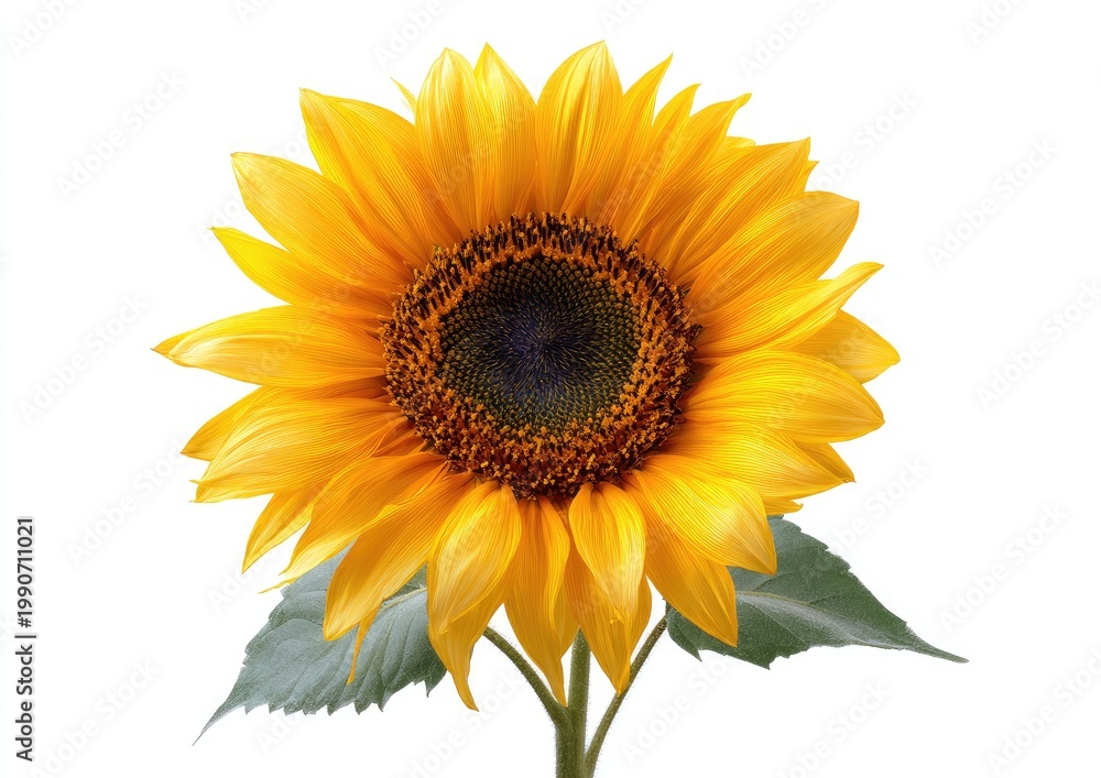 Fototapeta premium A vibrant, large sunflower with bright yellow petals and a dark center on a white background