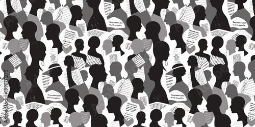 Monochrome human head profiles create a crowded repeating pattern with scattered textual information
