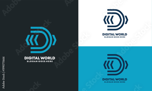 Digital World Logo Design with Stylish Letter D and Arrows