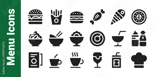 Set of black menu icons collection in vector format representing various dishes desserts drinks and food items.