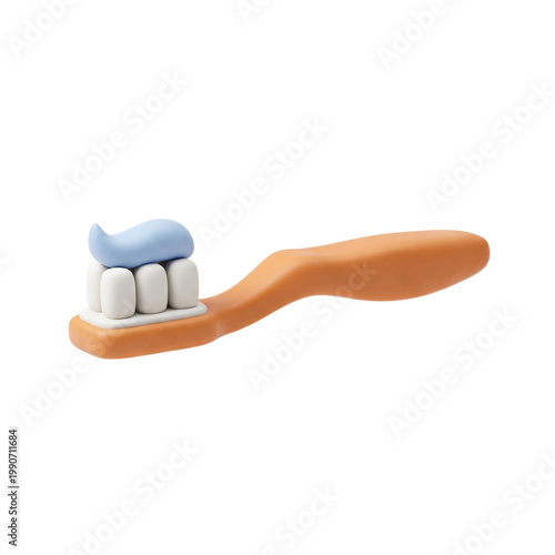 Orange toothbrush with white bristles and blue toothpaste blob, isolated on transparent background, dental care object