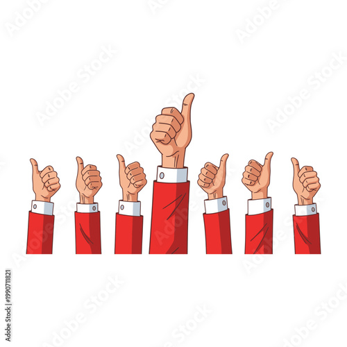 Group of people with one hand raised in a gesture of voting or agreement