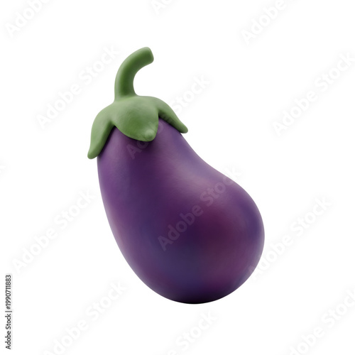 Stylized 3d render of a purple eggplant vegetable with green stem and leaves isolated on transparent background