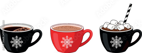 Flat vector illustration set of three festive winter mugs with snowflakes featuring black coffee and hot chocolate with marshmallows.