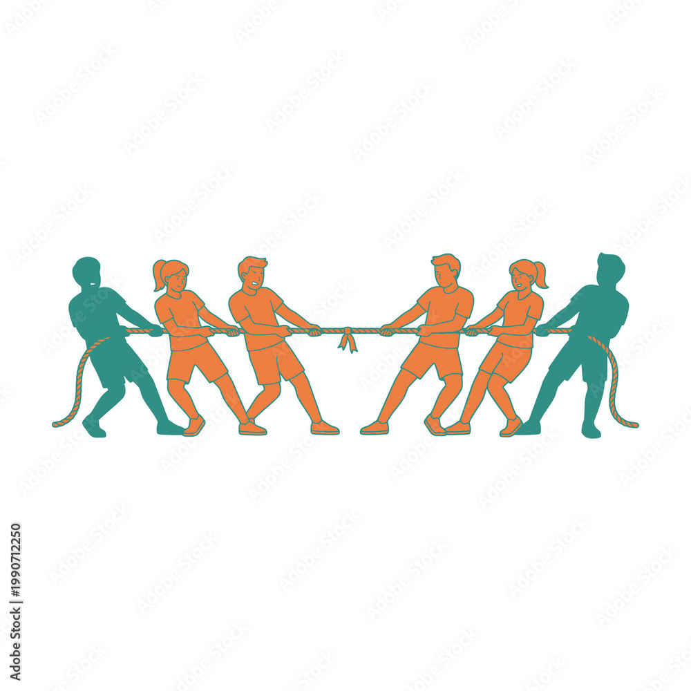 Obraz premium People pulling rope in opposite directions, tug of war concept