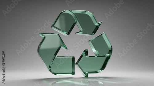 A three-dimensional translucent green glass recycling symbol isolated on a gradient background, showcasing environmental consciousness and sustainable practices.