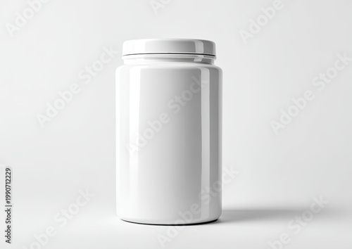 A clean, white pill bottle with a white cap sits on a white surface