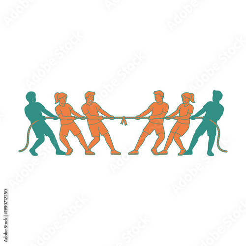 People pulling rope in opposite directions, tug of war concept