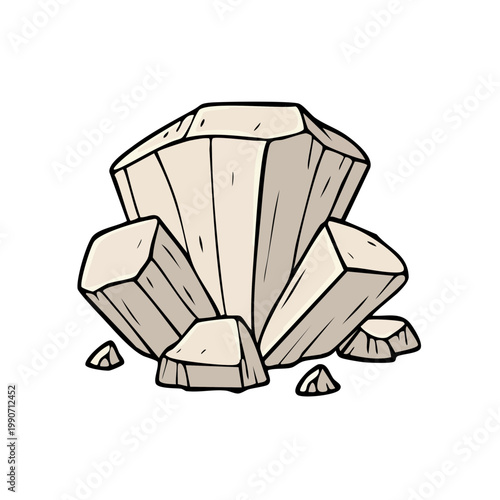 Cluster of light beige geometric crystals drawing isolated on white background.