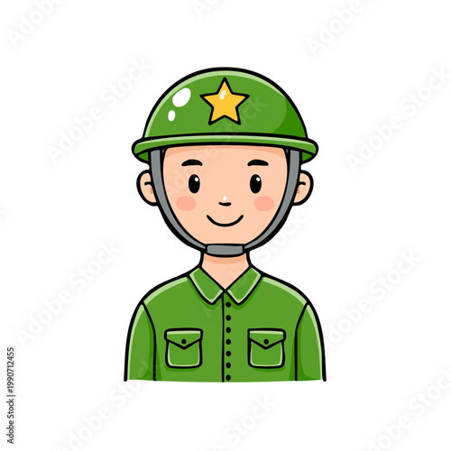 Cartoon Soldier with Green Helmet and Star Emblem Wearing Uniform