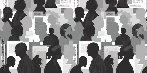 Repeated human profile silhouettes in shades of black and grey create a crowded information pattern