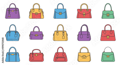 Set of Fashionable Women Handbags Vector Illustration, Diverse Collection of Stylish Ladies Purses and Satchels for E-commerce and Retail Design Projects