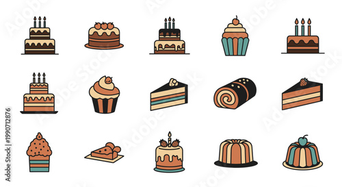 Set of Delicious Cakes and Desserts Vector Illustration, Flat Style Graphic Elements for Bakery Menu, Birthday Party Celebration, and Sweet Food Design Projects