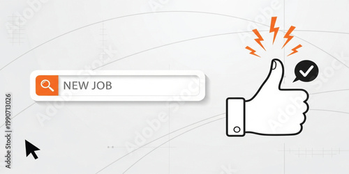 New Job Search Bar with Thumbs Up Icon and Approval Symbol for Online Recruitment Career Opportunity Promotion Design