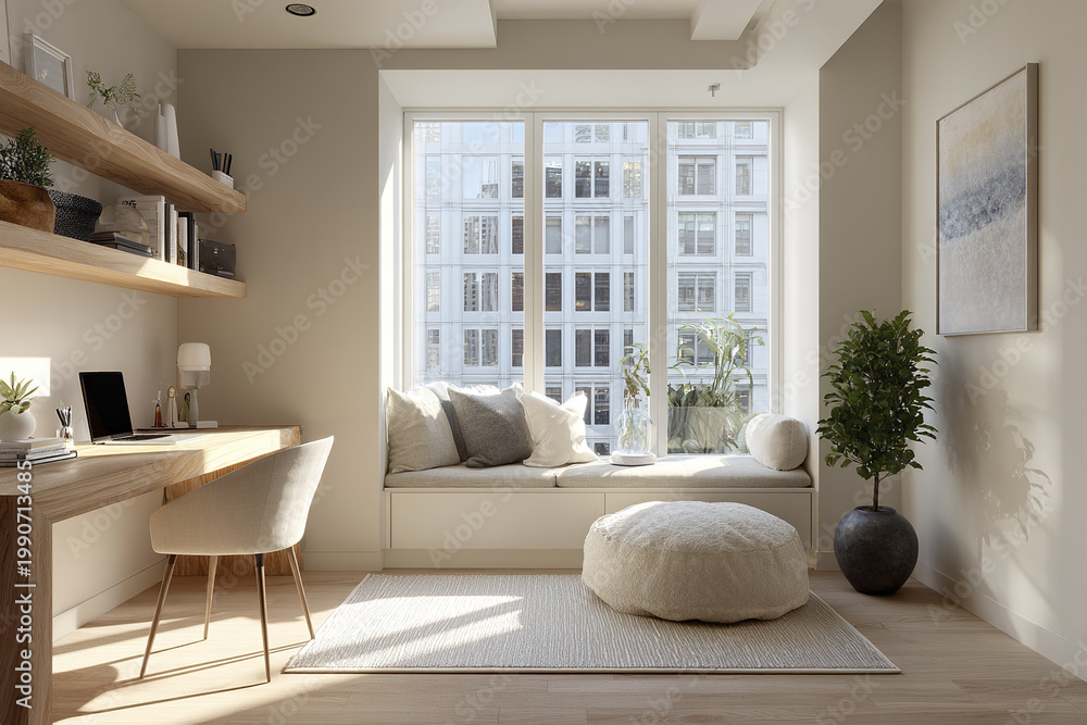 Fototapeta premium Daylight apartment interior with desk and cozy seating area by large window, soft cushions, pouf, wooden floor, and green plant creating warm and inviting atmosphere