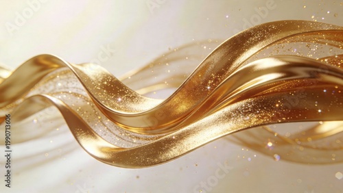  is a digital artwork featuring a dynamic and elegant design of golden waves. The layout is horizontal, with the waves flowing from left to right across the frame. The waves are composed of smooth, me