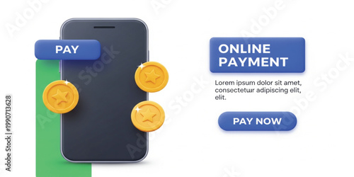 Professional 3D Illustration of Smartphone with Gold Coins and Pay Buttons for Online Payments Digital Banking Rewards Systems E-commerce Transactions and Website Banners